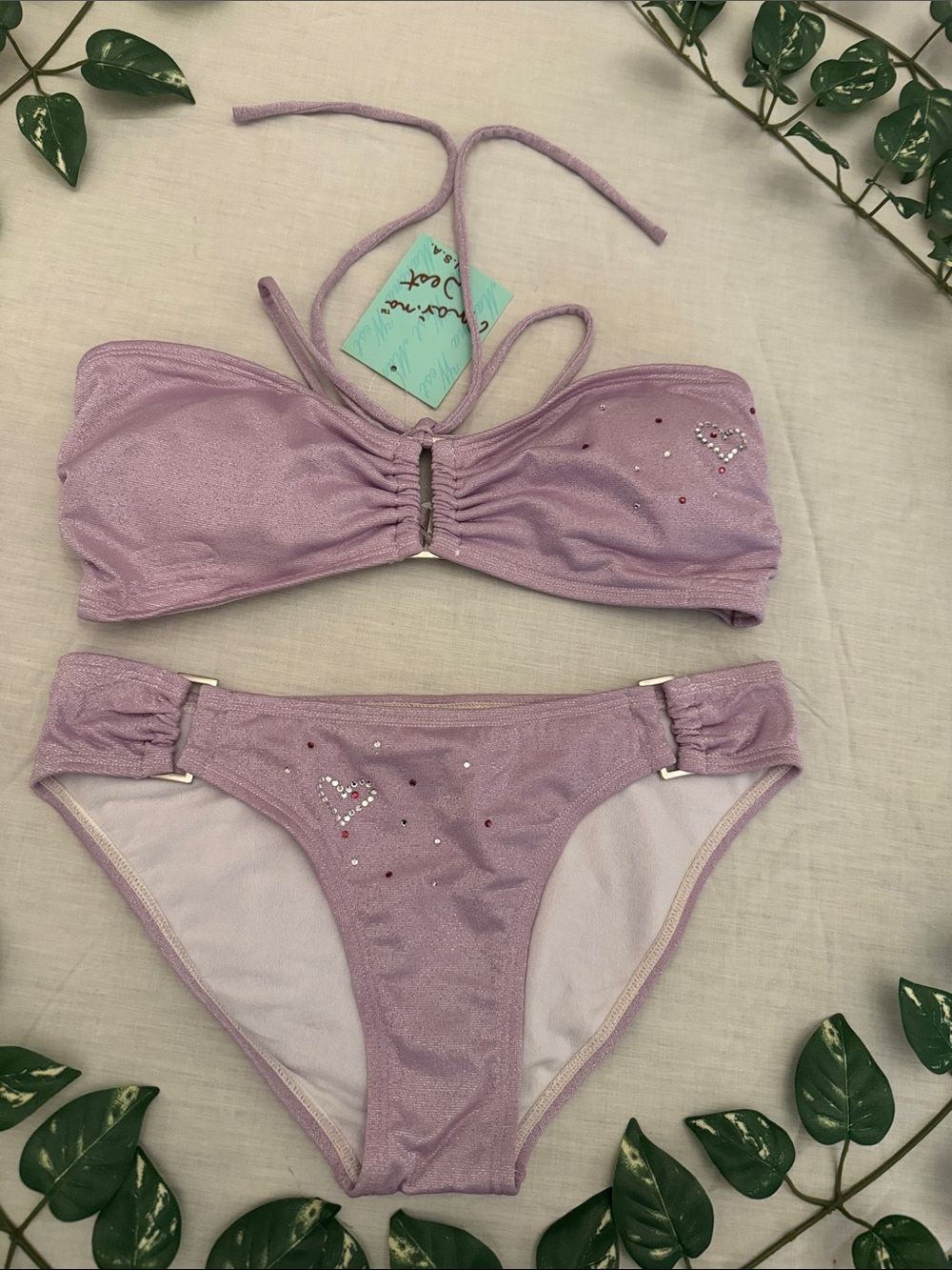 Lilac Shimmer Bandeau Bikini Set with Heart Accents